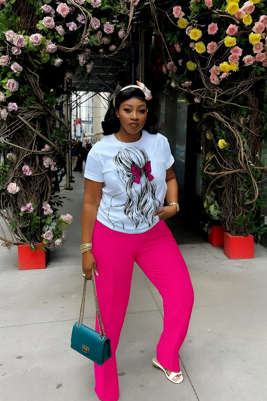 Spring/Fall Pink Ladies Loose Trousers Two Pieces & Fitted TShirt