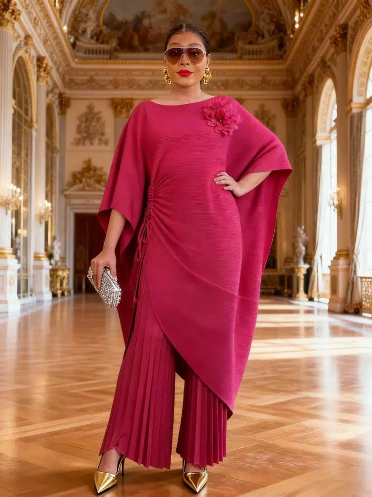 Elegant Pleated Kaftan Pant Set – Pink