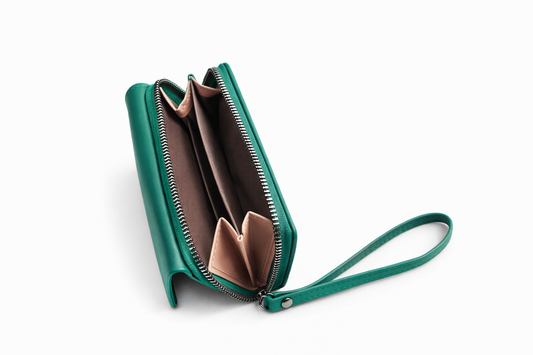 Luxury Green Multi-Compartment Ladies Wallet with Wrist Strap