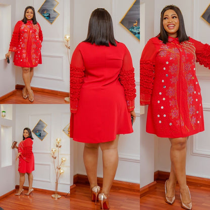 Short Shift Red Dress with Rhinestone Embellishments