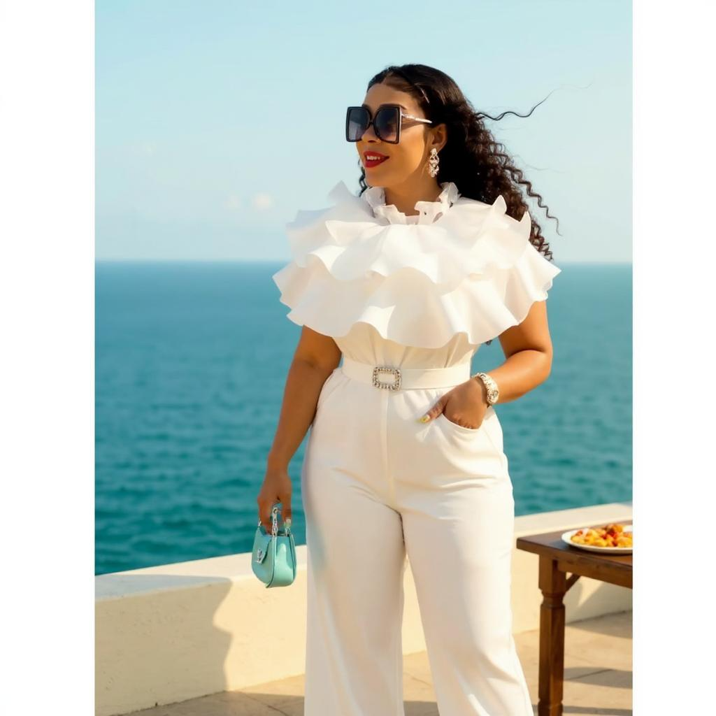 Turkish Brand White Jumpsuit – Sleek & Ruffled Neck