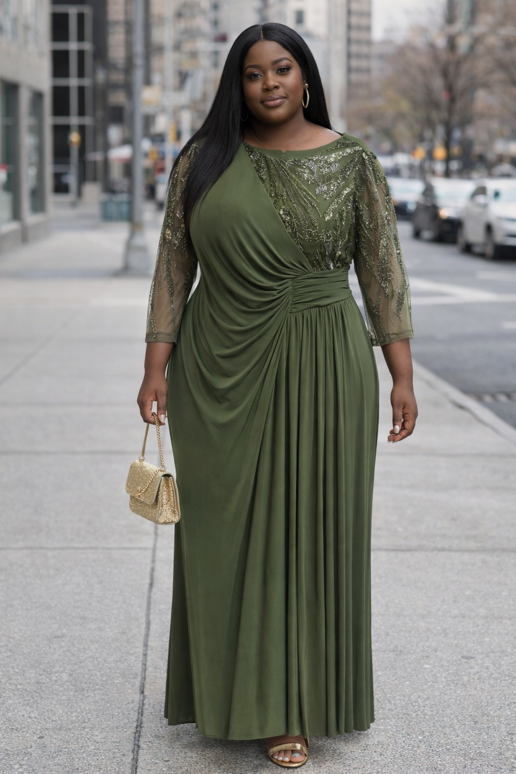 Midnight Elegance Olive Green Evening Gown