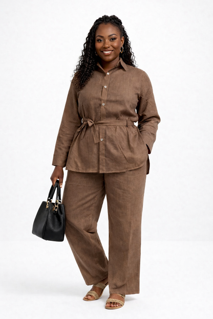 Elegant Linen Two-Piece Set – Coffee Brown