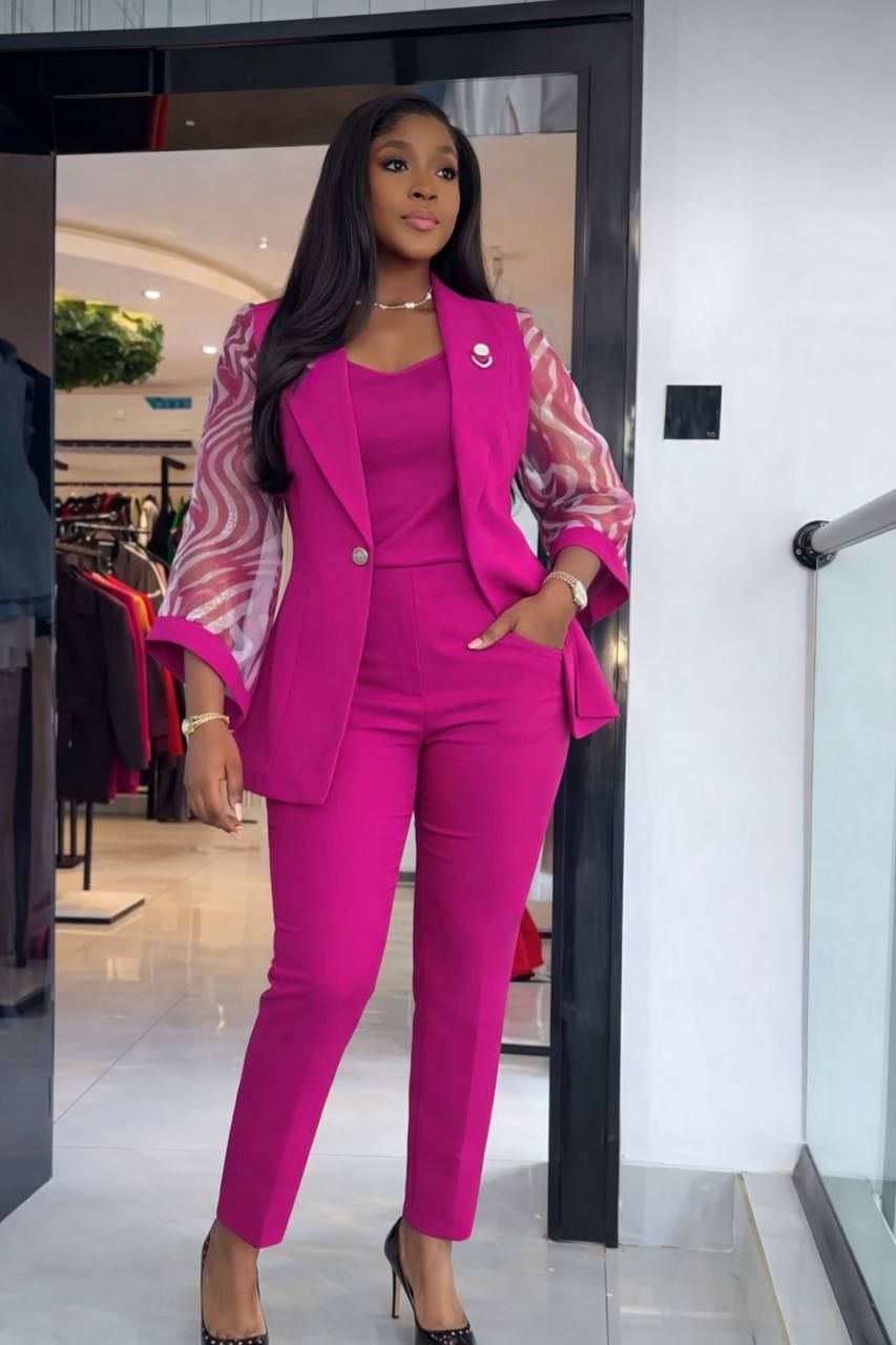 Elegant Pink Suit with Sheer Statement Sleeves