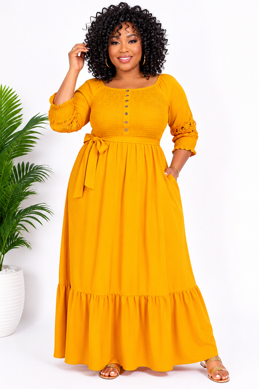 Elegant Smocked Maxi Dress – Yellow