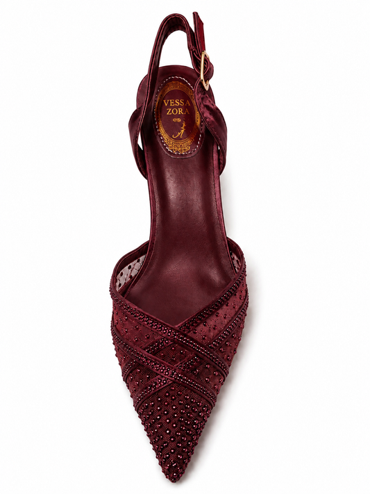 Maroon Luxe Crystal Pointed Slingback Flats 206