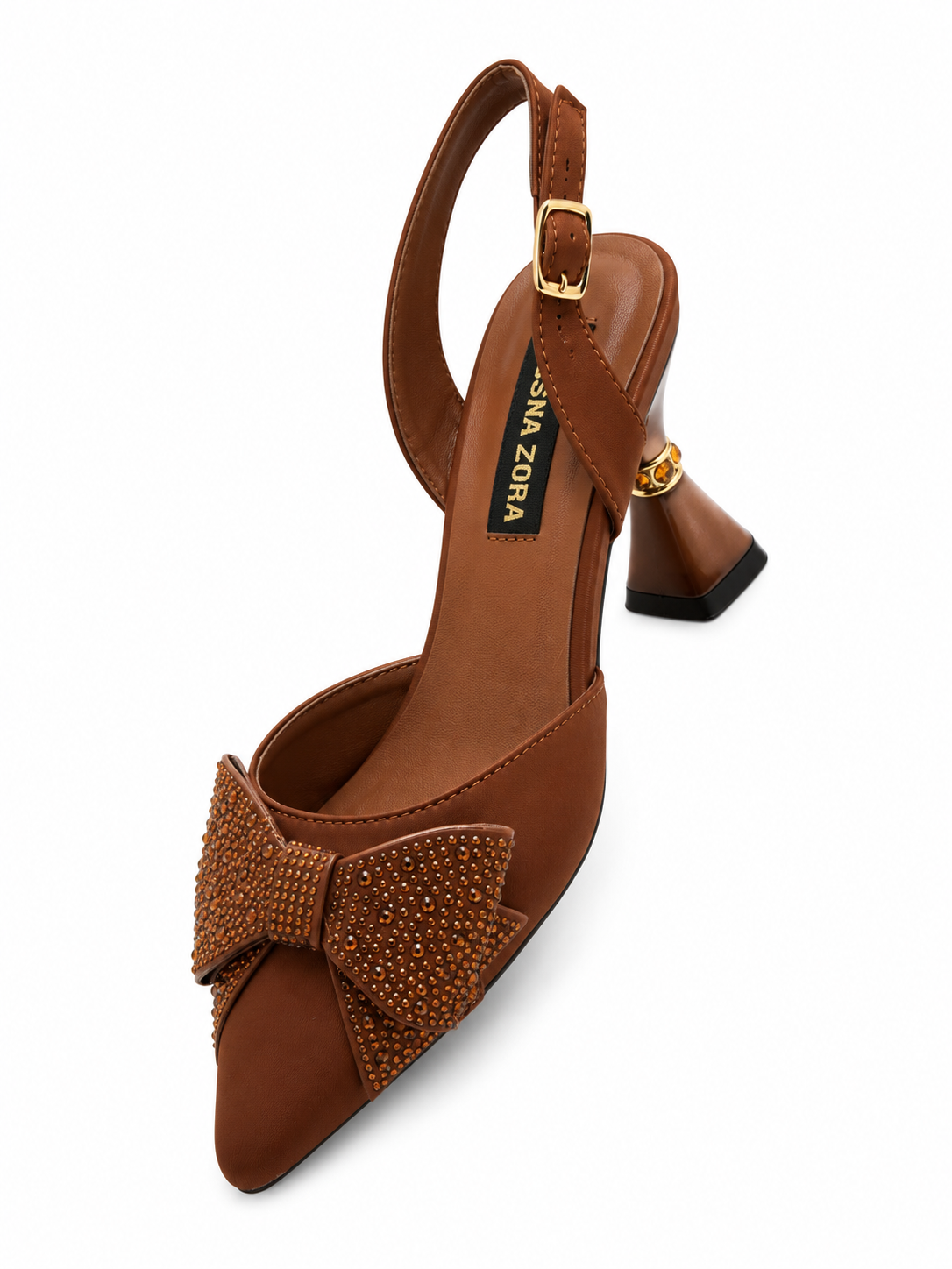 Coffee Brown Rhinestone Bow Slingback Heels 69