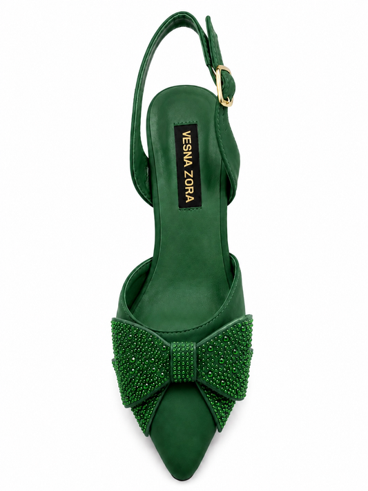 VESNA ZORA Emerald Rhinestone Bow Slingback Heels 69