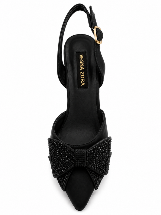 Black Rhinestone Bow Slingback Heels 69