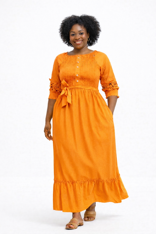 Elegant Smocked Maxi Dress – Orange Glow