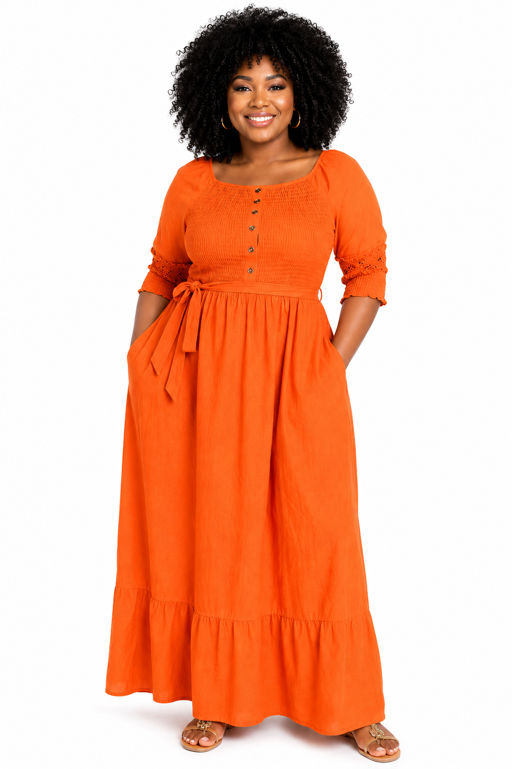 Elegant Smocked Maxi Dress – Orange Glow