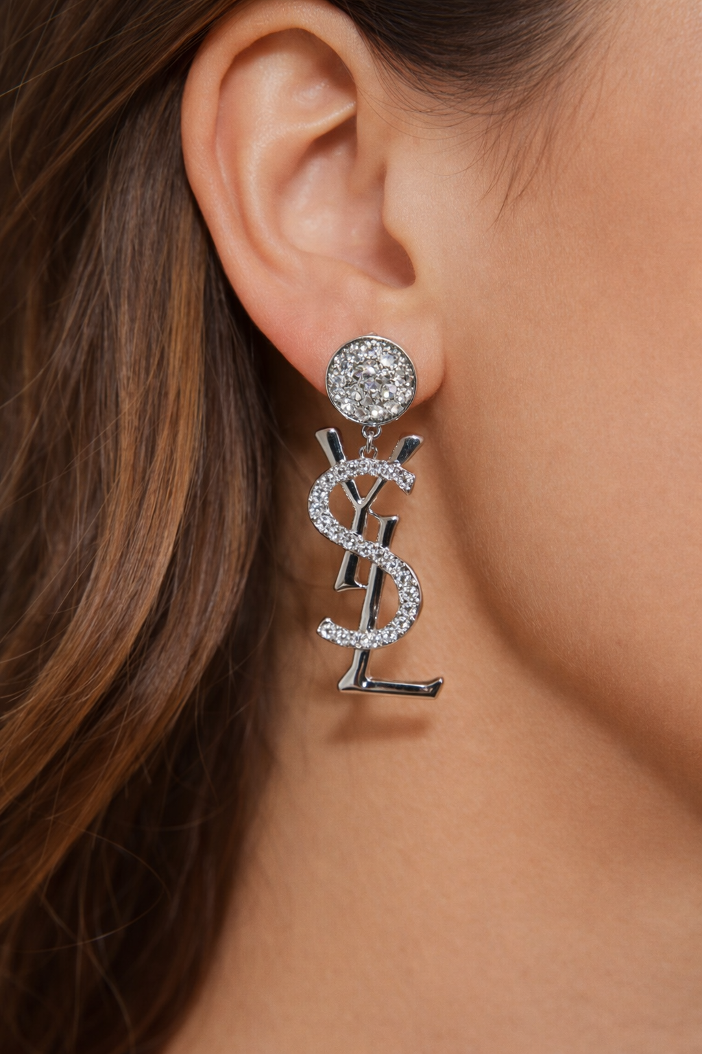 Luxury Silver Crystal YSL Drop Earrings – Elegant Statement Piece