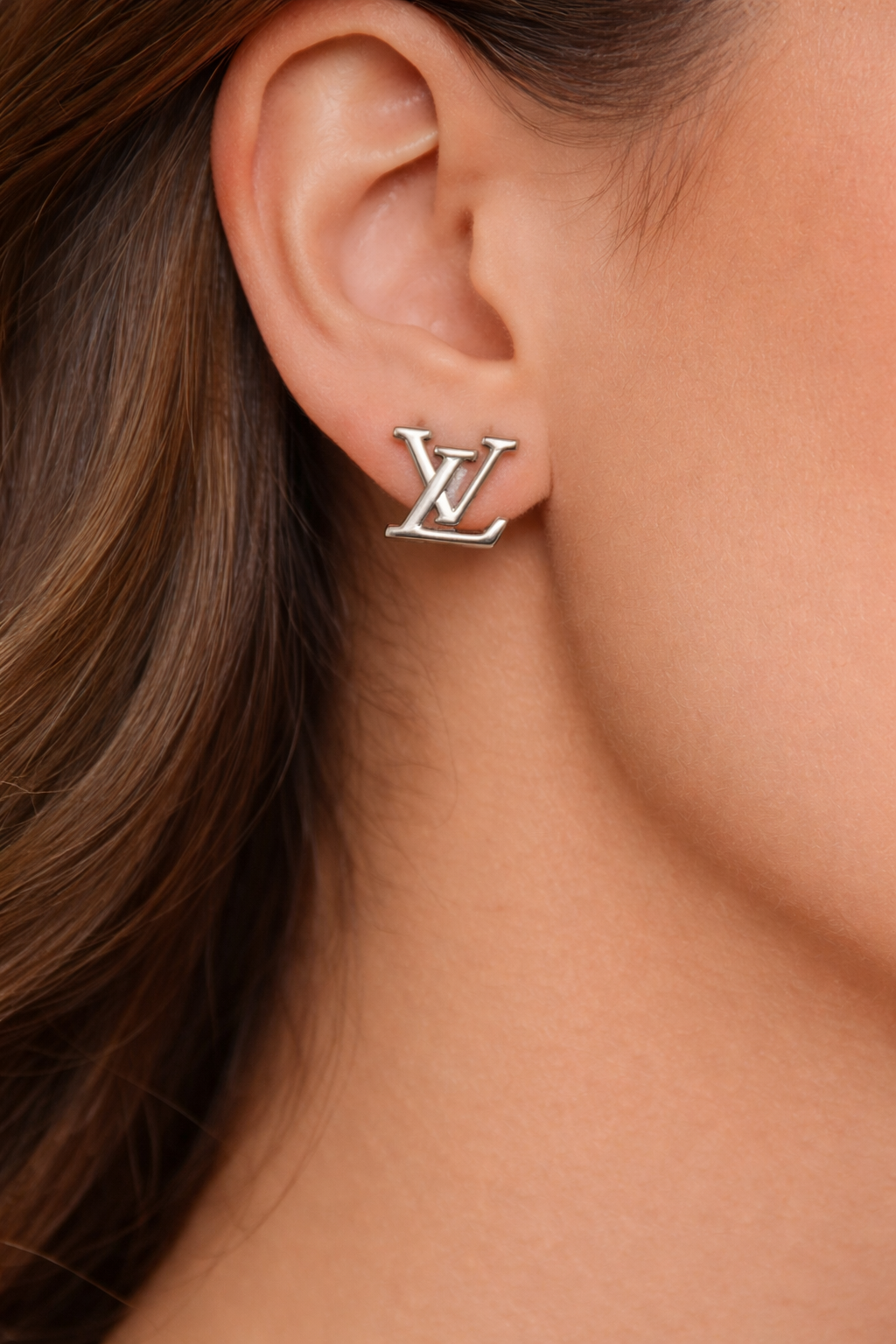 Luxury Silver LV Logo Stud Earrings – Elegant Minimalist Statement