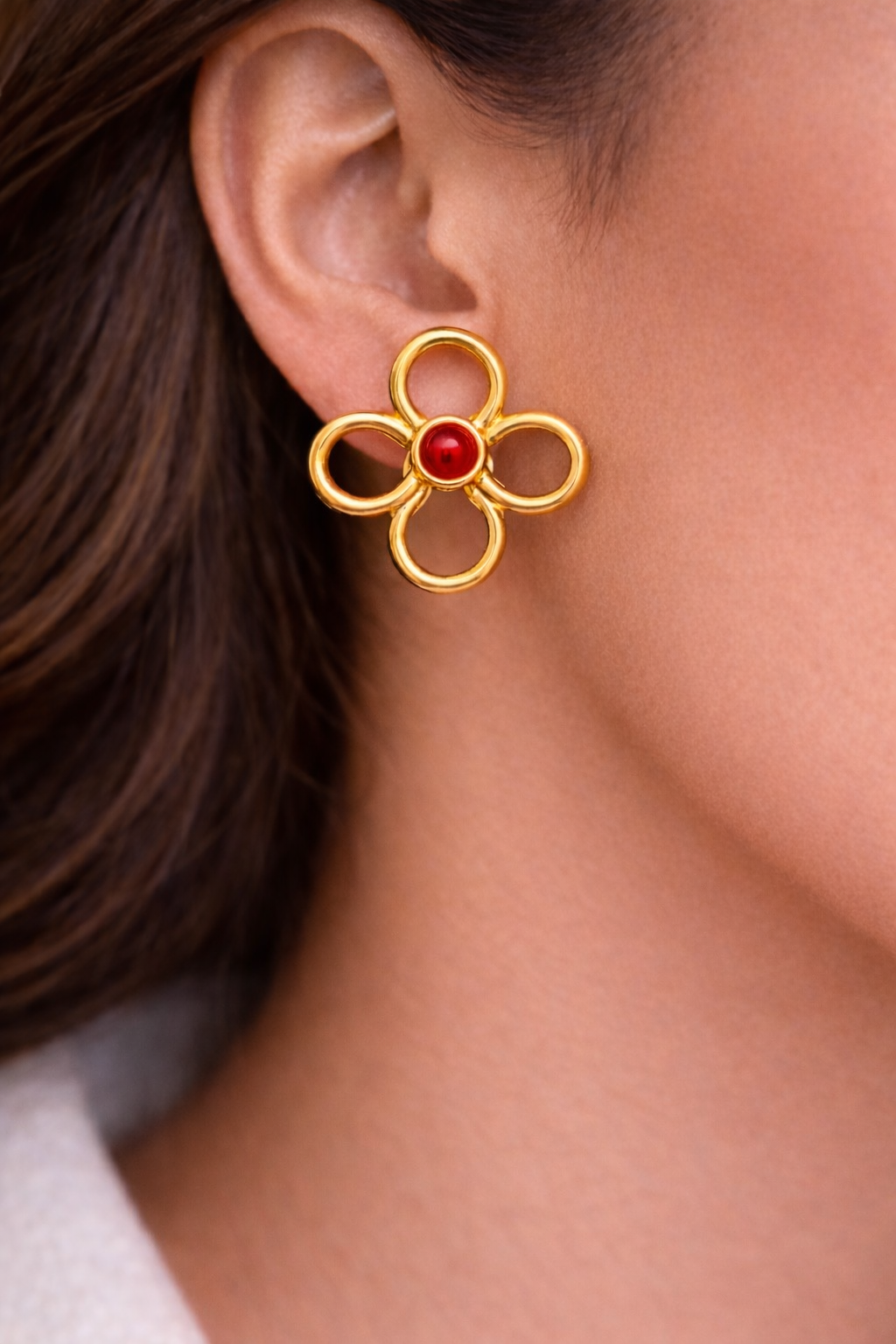 Luxury Gold Flower Stud Earrings with Red Stone