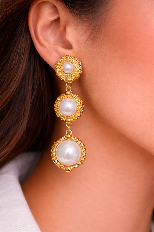 Luxury Gold Triple Pearl Drop Earrings