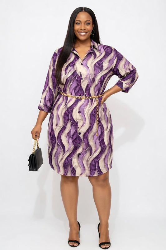 Elegant Wave Print Shirt Dress – Purple Luxe Edition