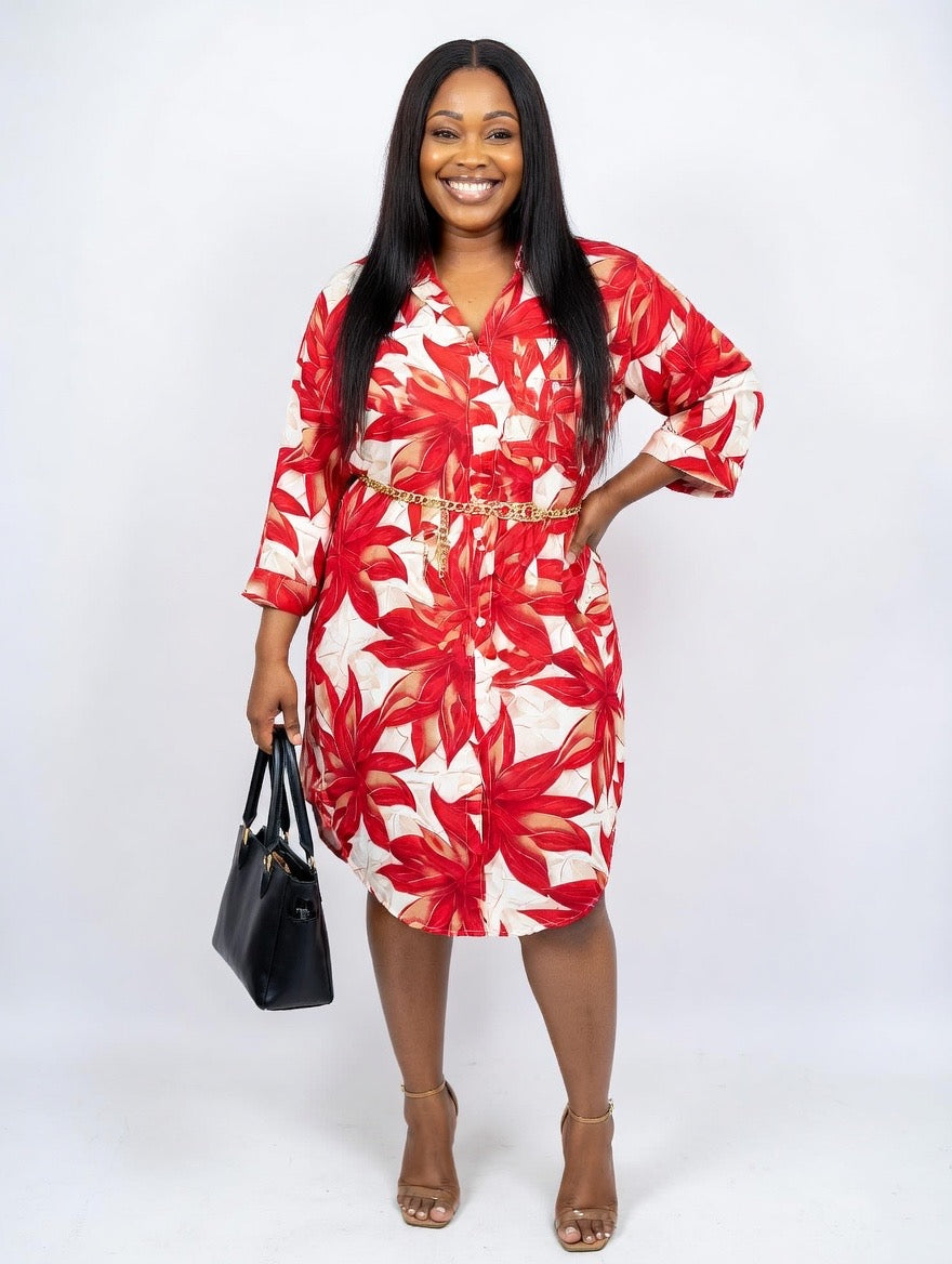 Tropical Bloom Button-Up Shirt Dress – Red Print