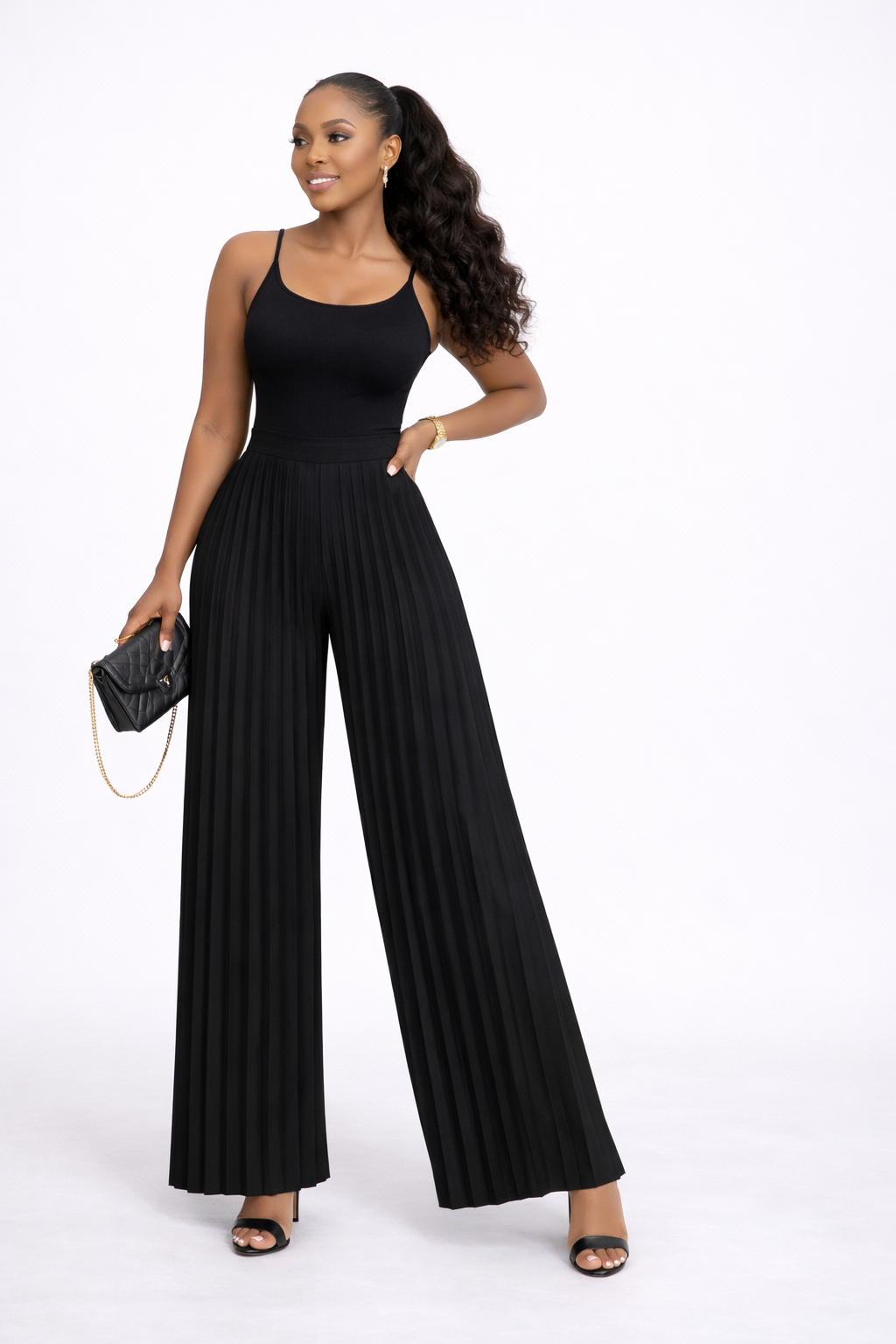 Black Luxe Pleated Wide-Leg Pants