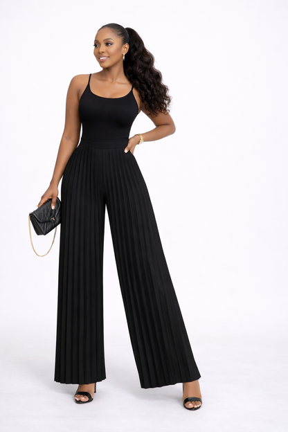 Black Luxe Pleated Wide-Leg Pants