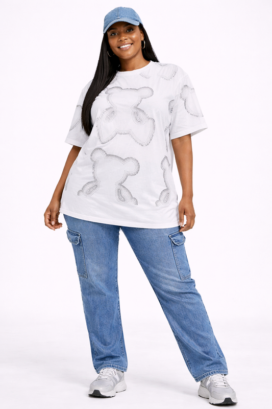 One Size - White & Grey  Sparkle Statement Casual T-Shirt #52213