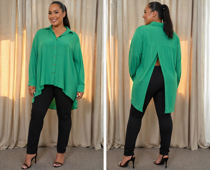 Chiffon Long Sleeve Green Shirt with Back Flap Detail