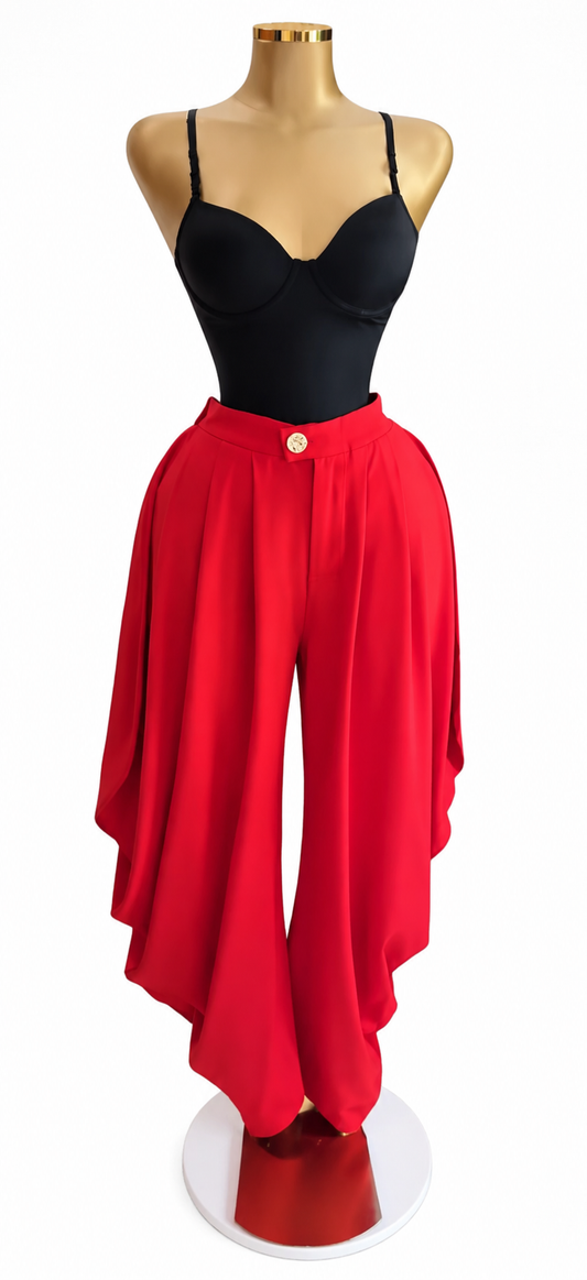 Red Elegant Draped Wide-Leg Palazzo Pants