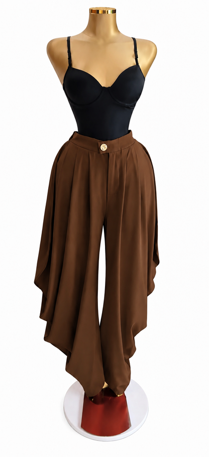 Brown Elegant Draped Wide-Leg Palazzo Pants