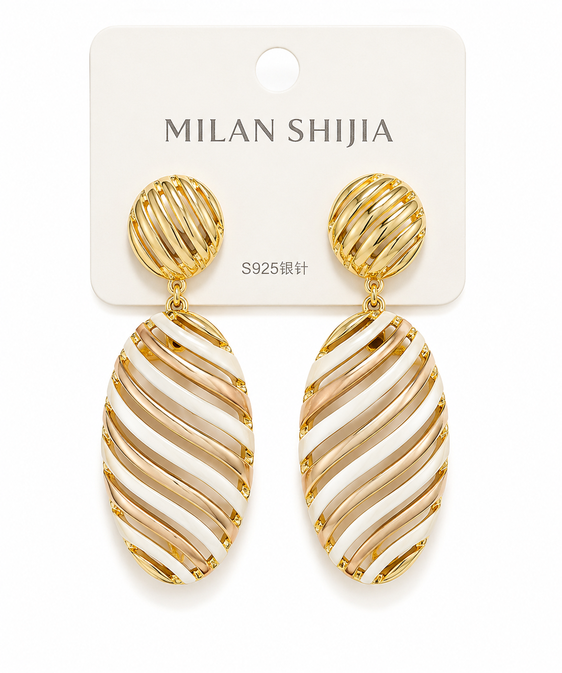 Gold & White Oval Statement Earrings