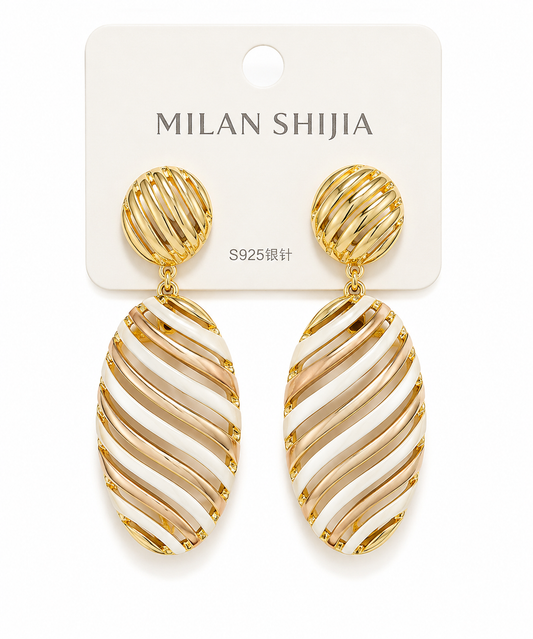 Gold & White Oval Statement Earrings