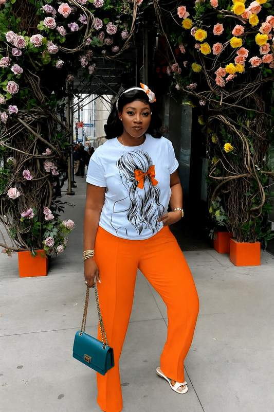 Spring/Fall Orange  Ladies Loose Trousers Two Pieces & Fitted TShirt