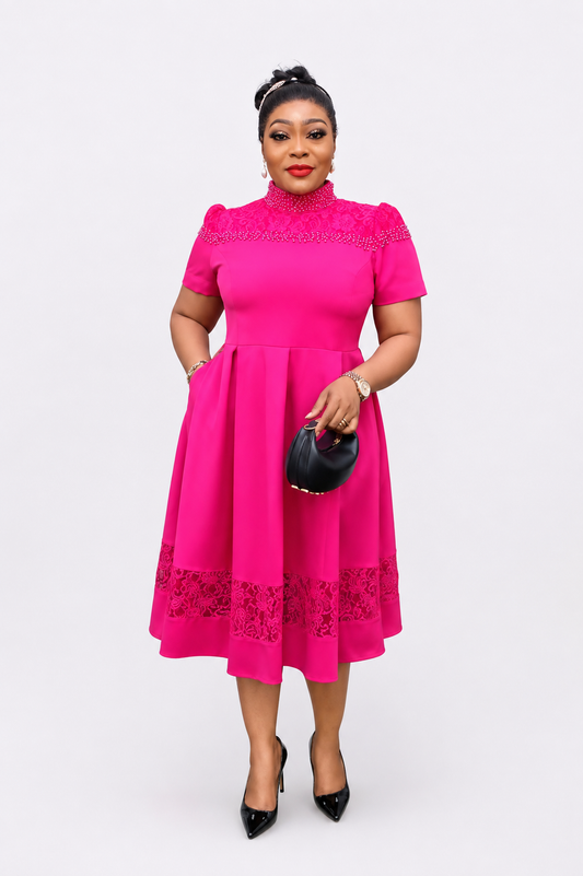 Pink Classy Dress With Infused Neck Beads
