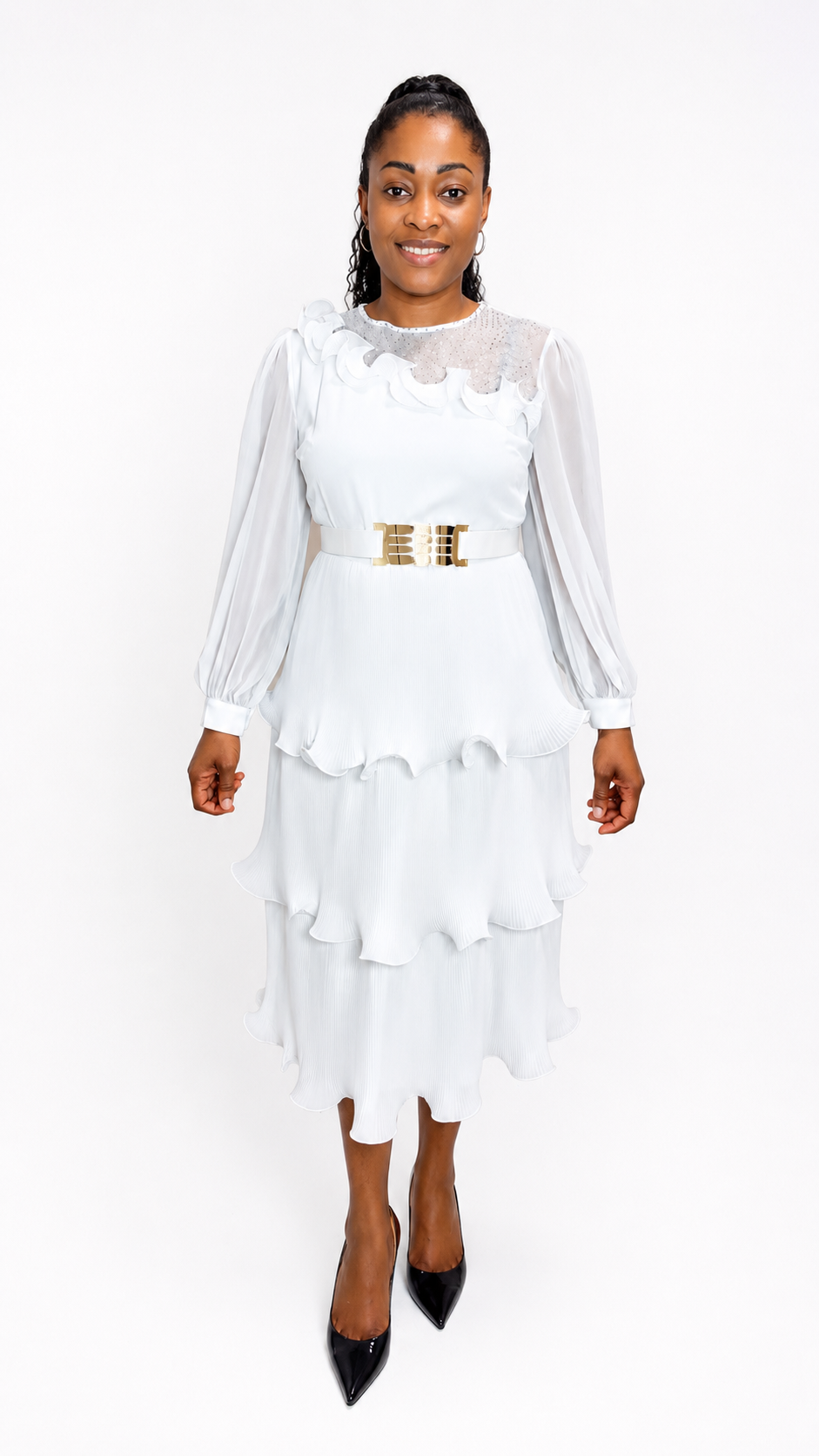 Elegant White Tiered Ruffle Midi Dress