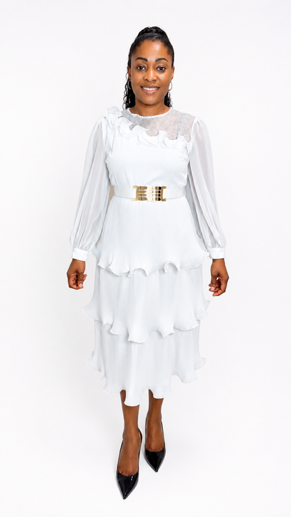 Elegant White Tiered Ruffle Midi Dress