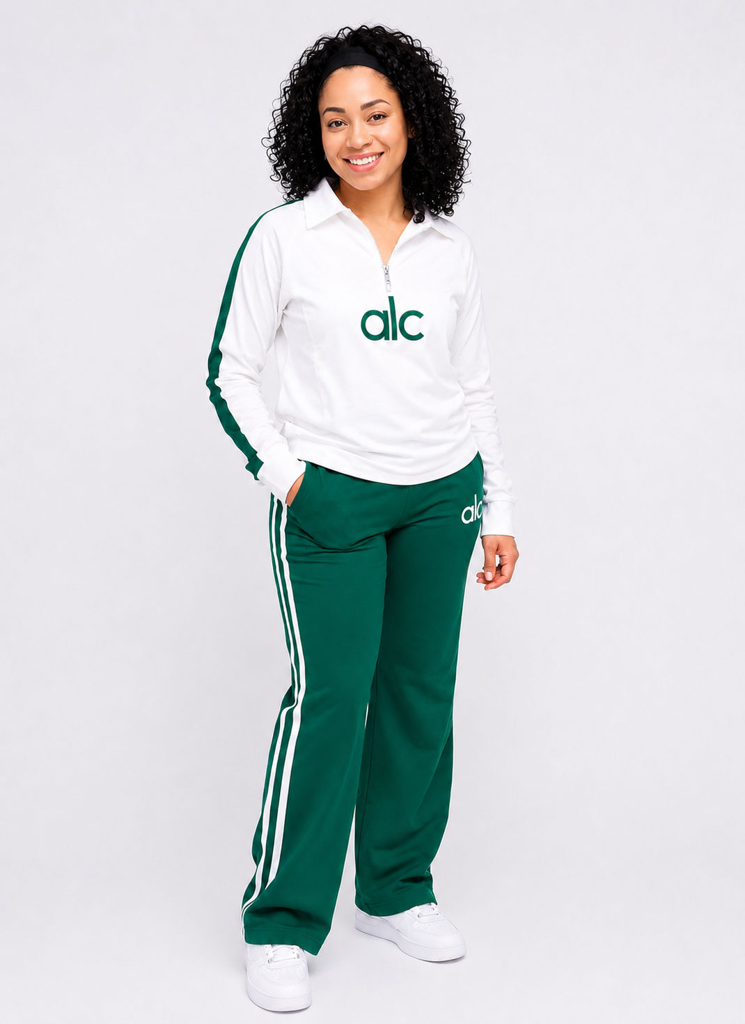 Green Contrast Stripe Half-Zip Tracksuit Set