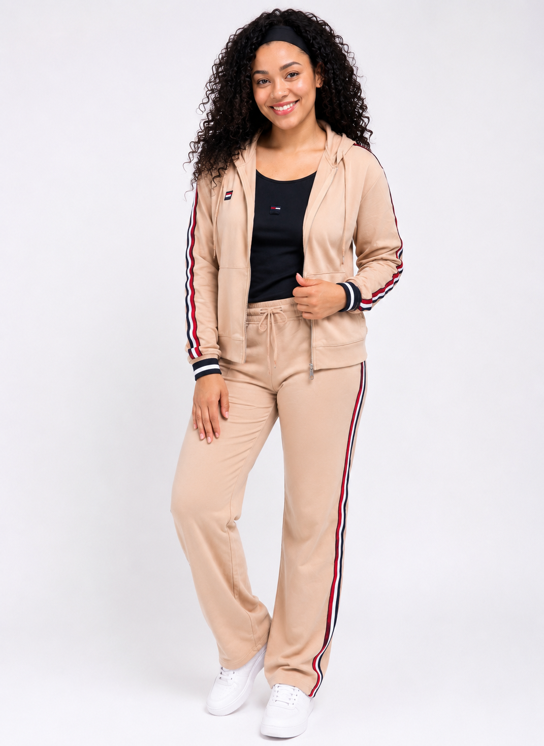 Women’s Contrast Stripe Hooded Tracksuit Set – Brown