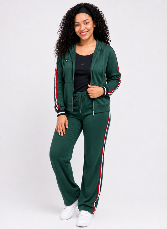 Women’s Contrast Stripe Hooded Tracksuit Set – Forest Green