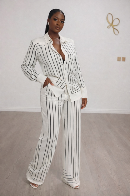 Luxury White Stripe Satin Two-Piece Set
