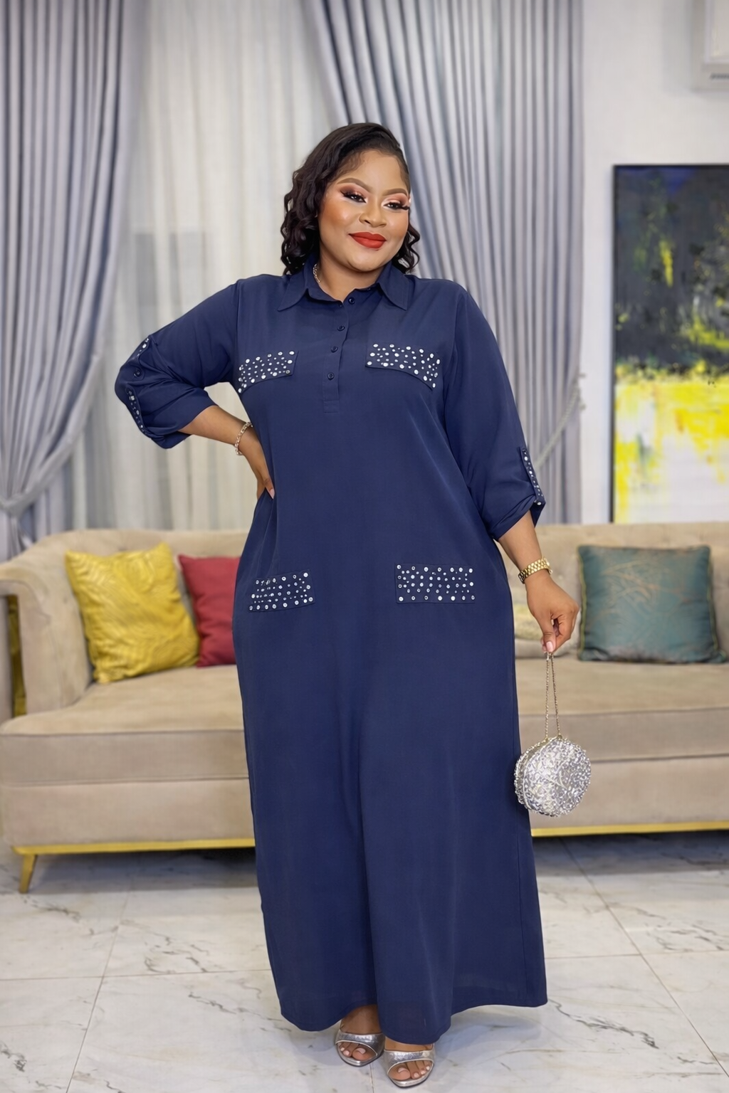 Navy Blue Pearl-Embellished Maxi Shirt Dress