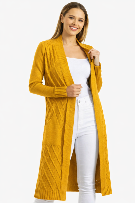Open Front Kimono Mustard Cardigan With Pockets