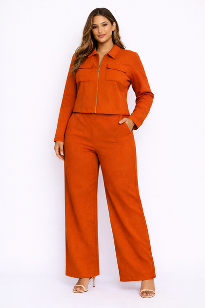High-Quality Two-Piece Orange Cotton Outfit with Chest Pockets