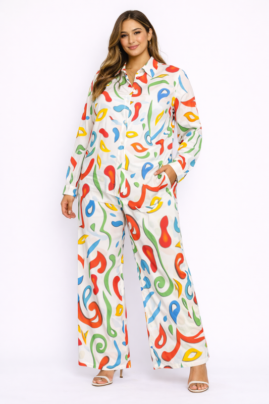 Multi Colour Two-Piece Set (Long Sleeve & Wide-Leg)