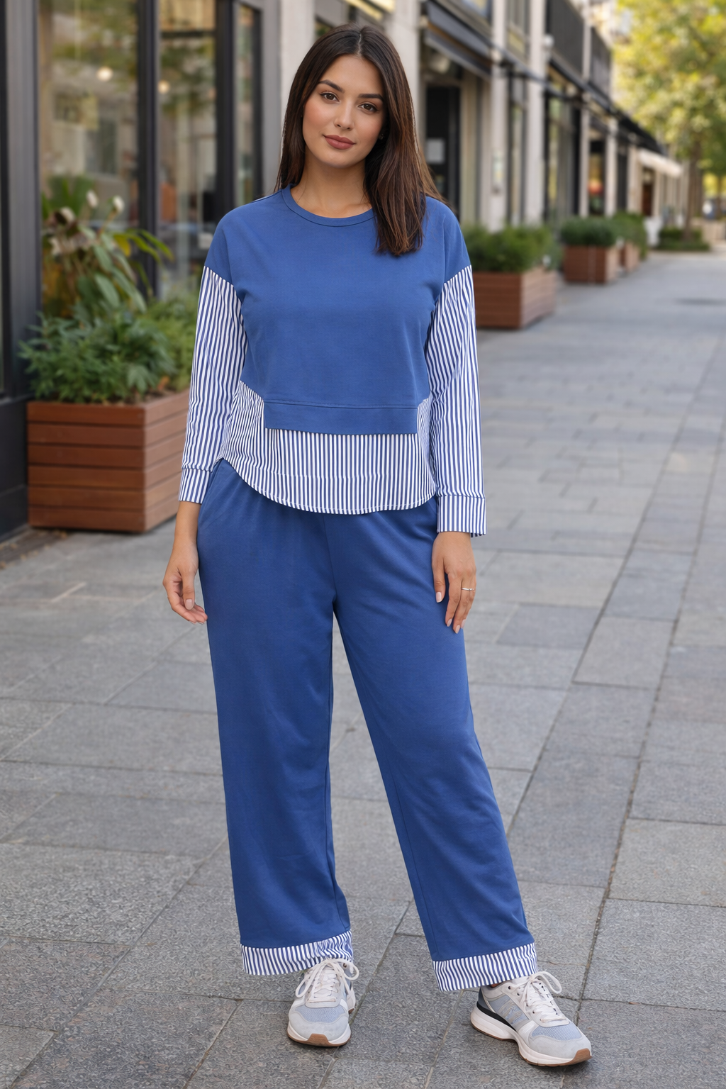 Blue Stripe Lounge Set – Long Sleeve Top & Wide-Leg Pants