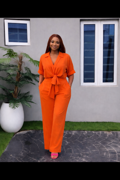 “Classic Two-Piece Orange Cotton Outfit with Belt”