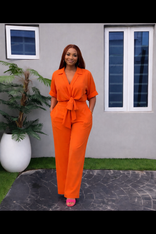 “Classic Two-Piece Orange Cotton Outfit with Belt”