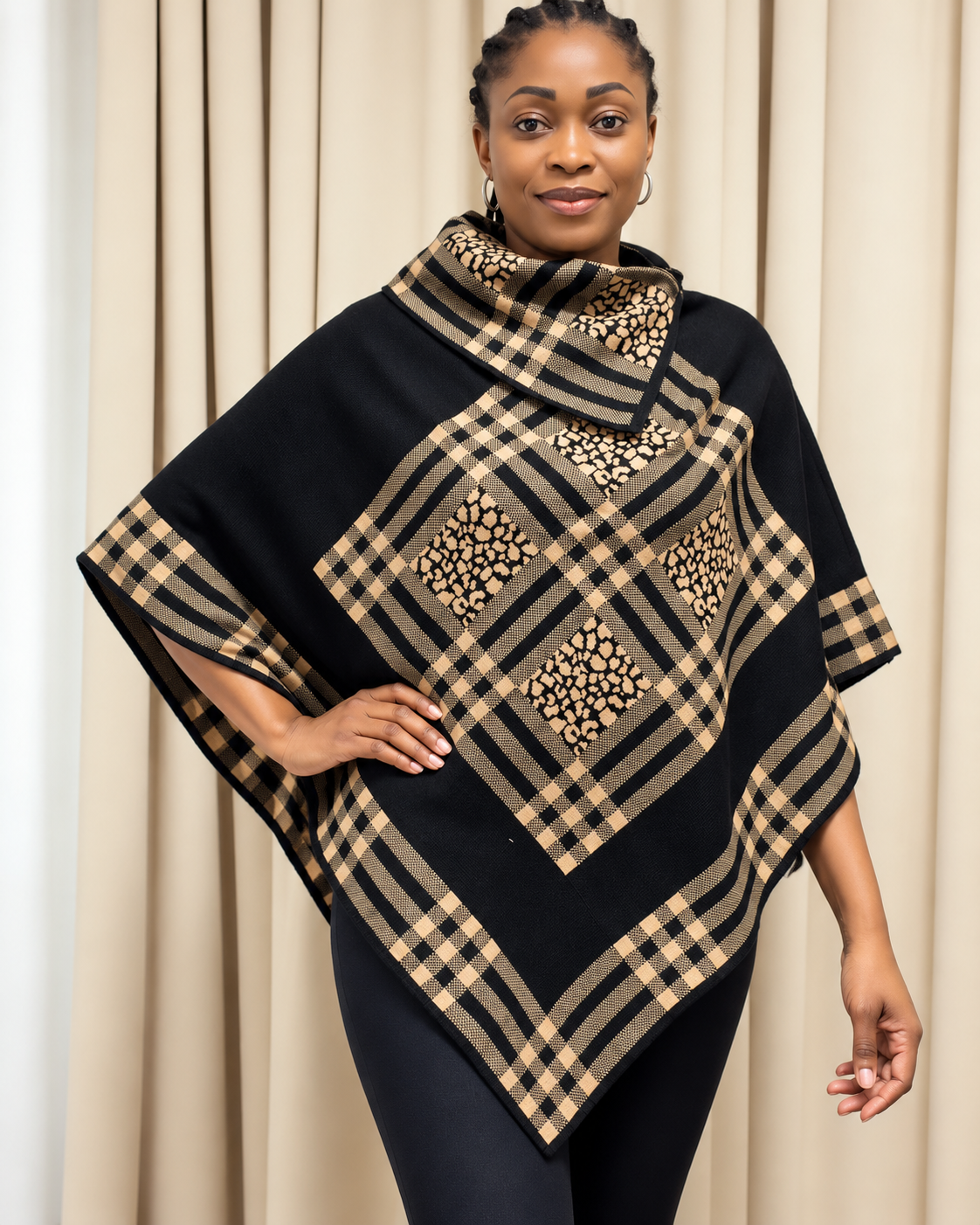 Black & Beige Plaid Poncho Sweater