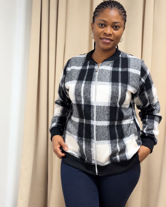 Black & White Plaid Zip-Up Sweater Jacket