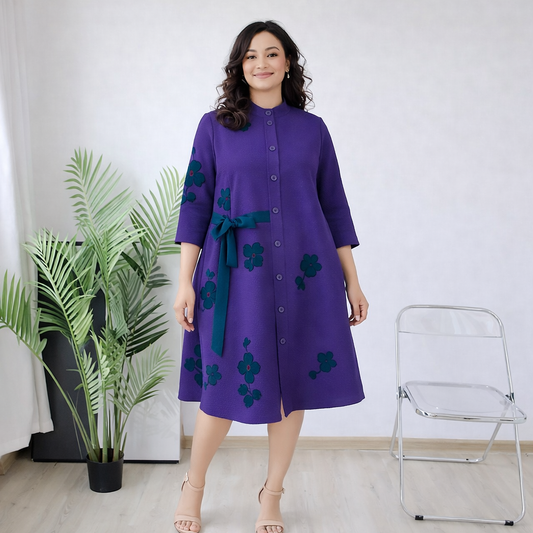 One Size  Purple Pleated Miyaki Dress - Stretchy Fabric