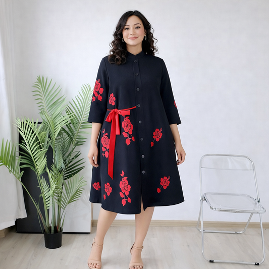 One Size  Pleated Black Miyaki Dress - Stretchy Fabric