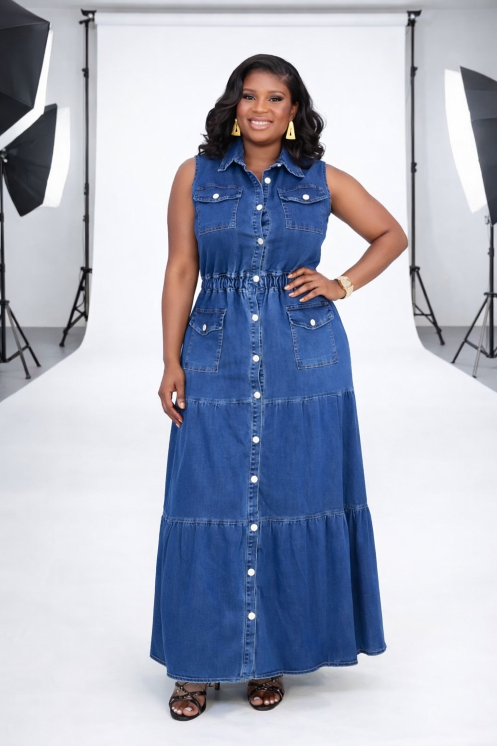 Elegant Denim Button-Down Maxi Dress