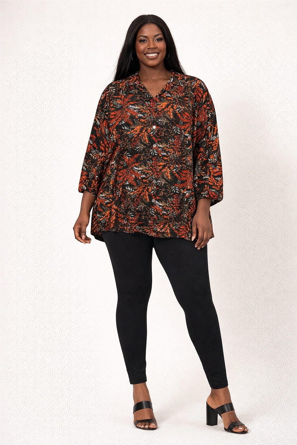 Autumn Print Batwing Loose Top with Black Leggings